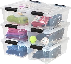 IRIS USA 12 L Plastic Storage Box with Lid and Latches - 6 Pack - BPA-Free, See-Through Organizing Solution, Durable Nestable Stackable Containers, Secure Pull Handle - Clear