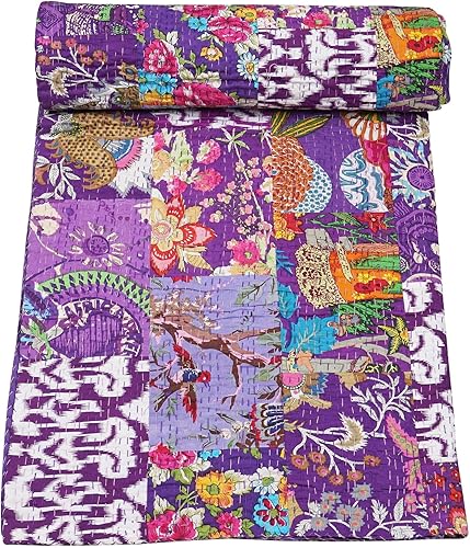 Marubhumi Edredón tradicional indio de algodón puro, estampado de cachemira, colcha Kantha multicolor (multicolor-22, Queen (90 x 108 pulgadas)