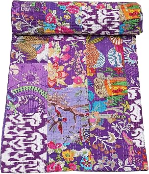 Marubhumi Indian Traditional Pure Cotton Patchwork Quilt, Paisley Print Kantha Quilt Multi Color Multicolor-22, Twin 60"x 90"