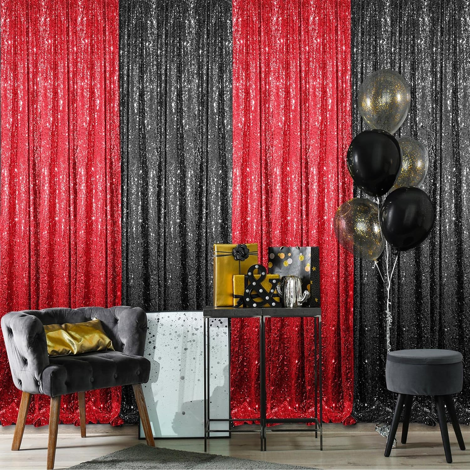 4 Panels 2 x 8 ft Red and Black Sequin Backdrop Curtain Glitter Backdrop Curtain for Congrats Grad Graduation Party Decorations Birthday Wedding Background Anniversary Photography