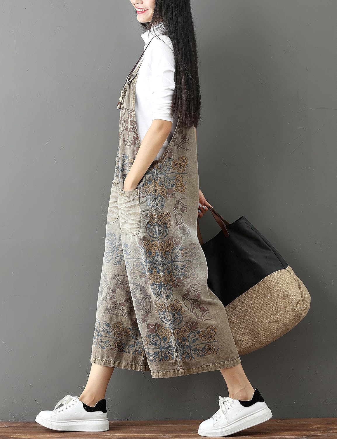 Yeokou Women's Baggy Denim Overalls Vintage Floral Print Casaul Jumpsuits Big Pockets Wide Leg Drop Crotch Adjustable Straps - Image 2