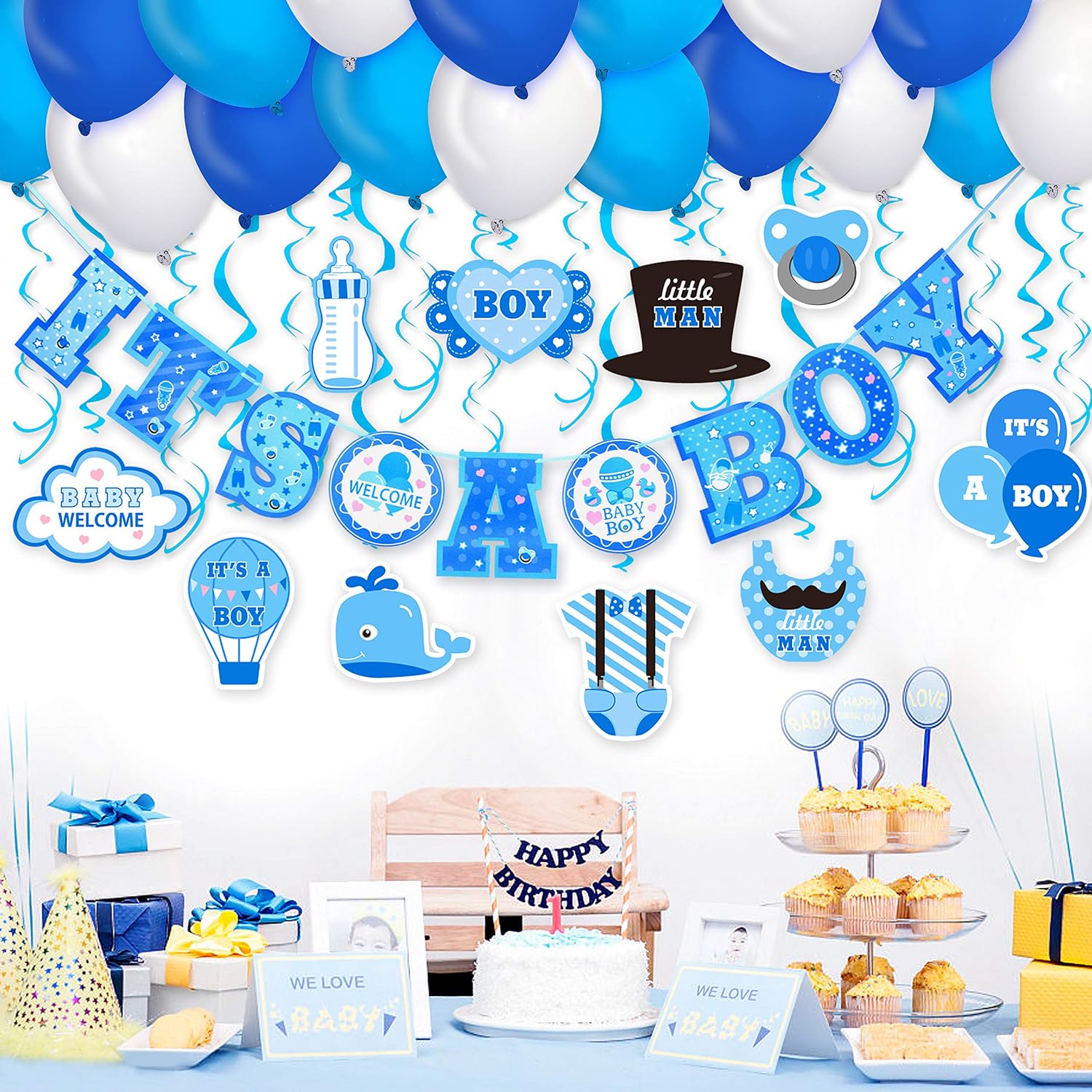 Baby Shower Decorations with 30pcs Balloons for Boy It's A BOY Baby Shower Decorations Hanging Banner for Baby Boy Shower Room Decoration Kit