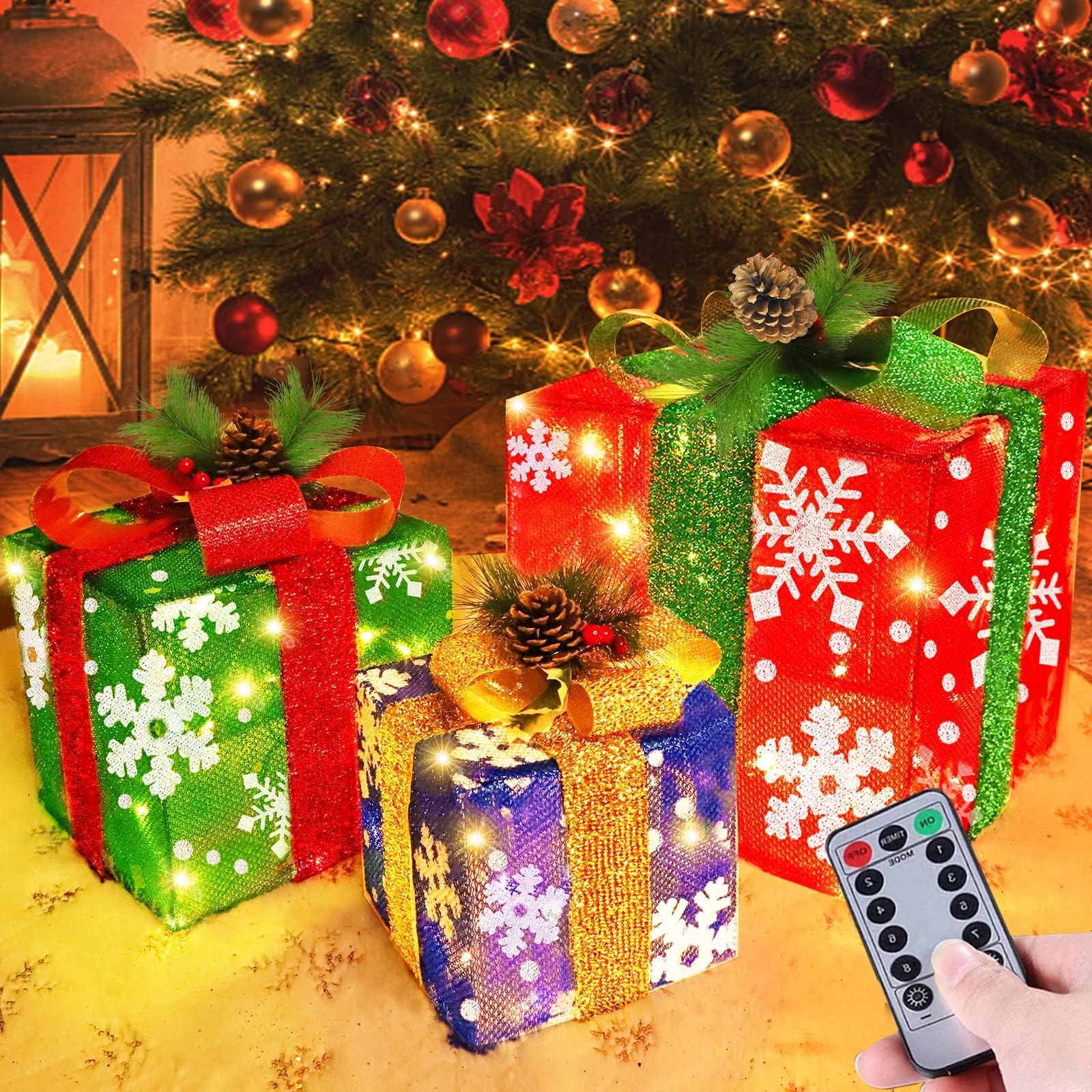 ORCHID M® 3 Pack Christmas Lighted Gift Boxes With pine cones Decor 8 Modes Remote Control Operated Snowflake Present Box Christmas Decorations Home Indoor Outdoor Xmas Tree