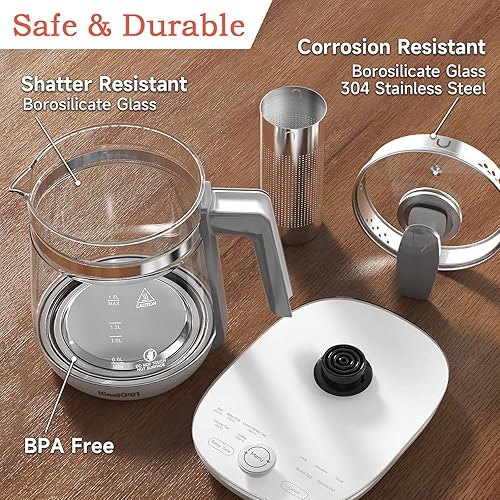 Miniatura 6 de Tetera eléctrica de vidrio caliente con infusor de té y control de temperatura, cafetera de acero inoxidable de 1.5 L y ebullición rápida de 1200 W,