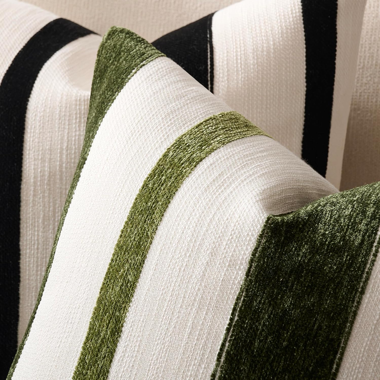 Throw Pillow Covers Set of 2 20x20 Inch Pillow Covers, Soft Stripe Decorative Olive Green Covers for Couch Sofa Bed Living Room, Neutral Farmhouse Covers, Home Boho Decor