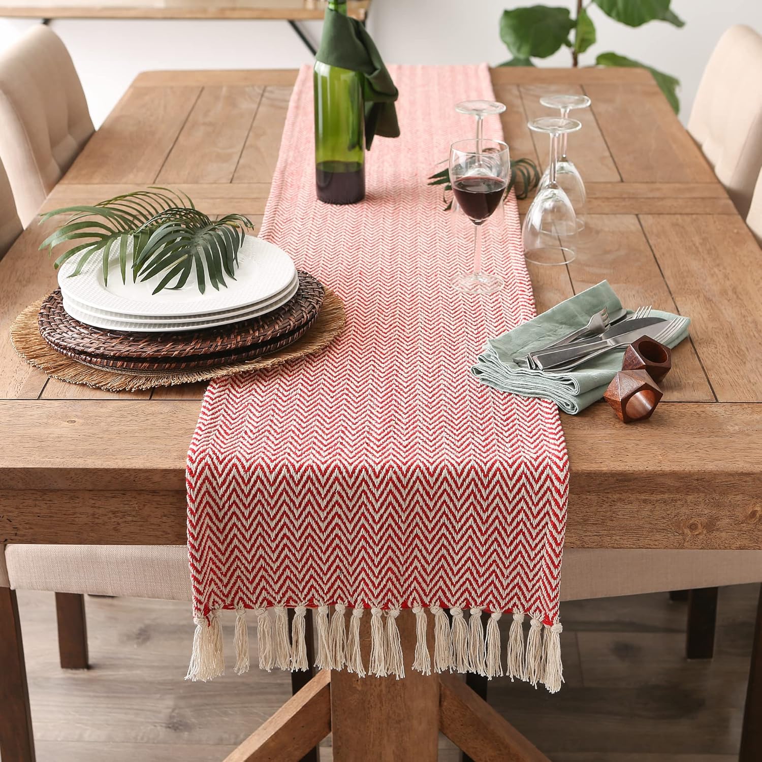 DII Woven Basic Tabletop Collection Chevron Table Runner, 15x72, Red