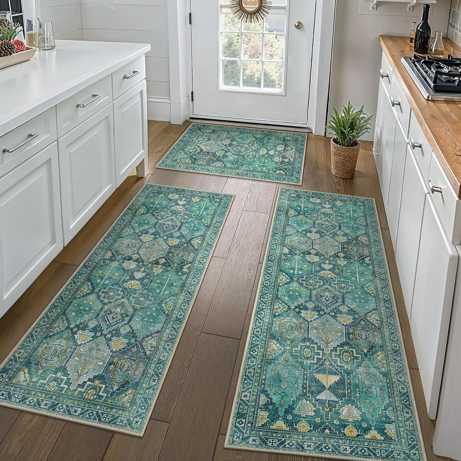 GENIMO Kitchen Mats for Floor Set of 3 Non-Slip Washable, Waterproof Lightweight Kitchen Rugs, Kitchen Floor Mat Runner Rug Carpet for Laundry, Sink, Hallway, Bathroom, Entryway, Dark Green