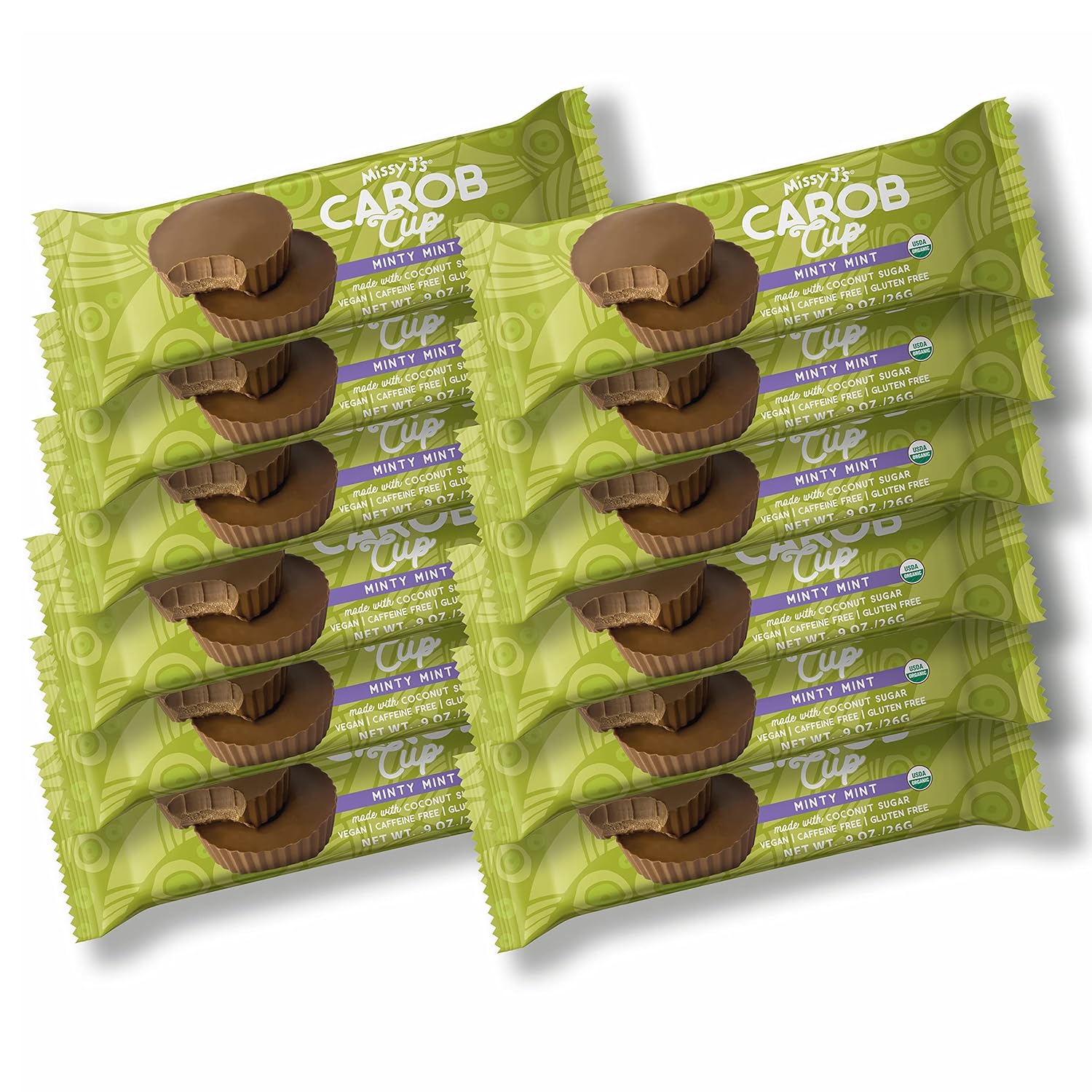 Missy J's Organic Mint Carob Cups 0.9 Oz 12 Pack. Made with Coconut Sugar Vegan, Gluten and Caffeine Free, Healthy Substitute of Chocolate, Best for Snacks and Treats