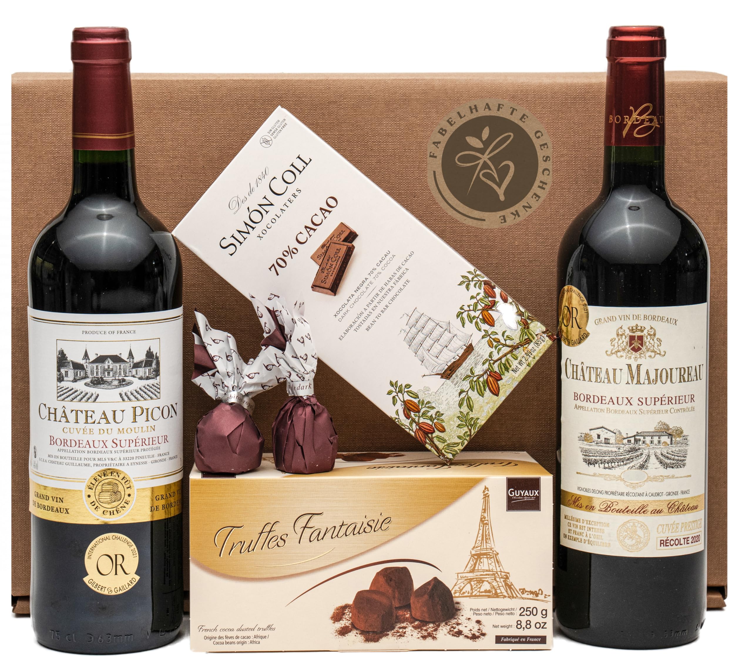 Geschenkset französische Genüsse | mit französischem Rotwein (Bordeaux) trocken | Schokoladen-Trüffel | Zartbitterschokolade | 2 x Feigen in Schokolade | Präsentkorb für Männer und Frauen