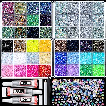 FANDAMEI Bedazzling Kit, 25000PCS 48 Grids Rhinestones for Bedazzling with 3PCS Jewelry Glue, Multicolor AB 3mm Flat Back Jelly Rhinestones for Crafts, Resin Silver Gems Rhinestones for Nails