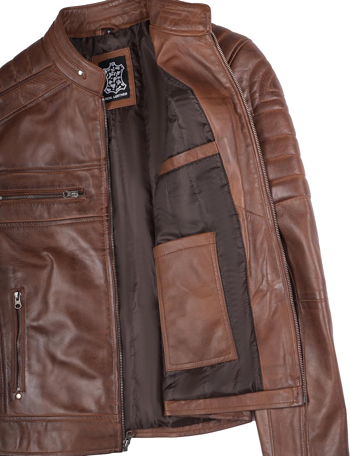 fjackets Cafe Racer Leather Jacket Men - Real Lambskin Natural Grain Leather Moto Style Jackets For Mens - Image 6