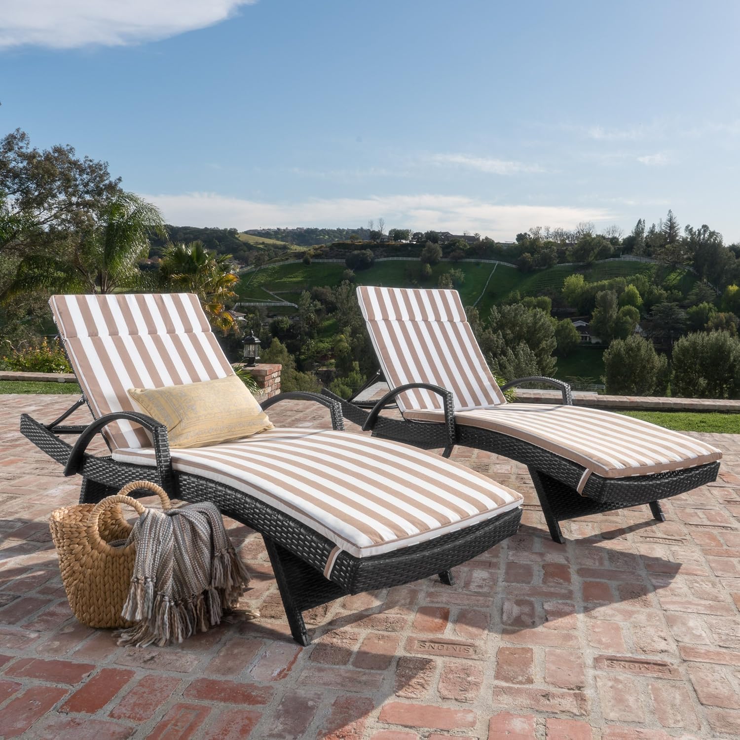 Olivia Patio Furniturre ~ Outdoor Wicker Chaise Lounge Chair with Arms w/Water Resistant Cushions (Set of 2) (Grey with Brown & White Stripe)