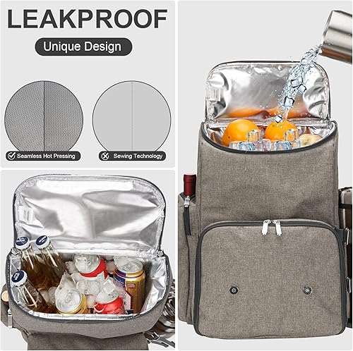 Miniatura 35 de Mochila de picnic para 4 personas con bolsa térmica grande, juego de cesta de picnic con bolsa de vino, manta de picnic impermeable y juego de Negro