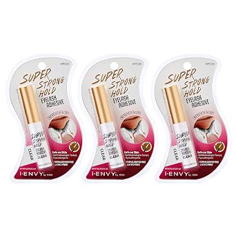 iENVY Super Strong Hold Eyelash Adhesive, Waterproof, 48-Hour Long-Lasting Lash Glue, Latex-Free, Hypoallergenic, Quick-Drying with Brush-On Applicator for Strip Lashes (Clear, 3 Pack)