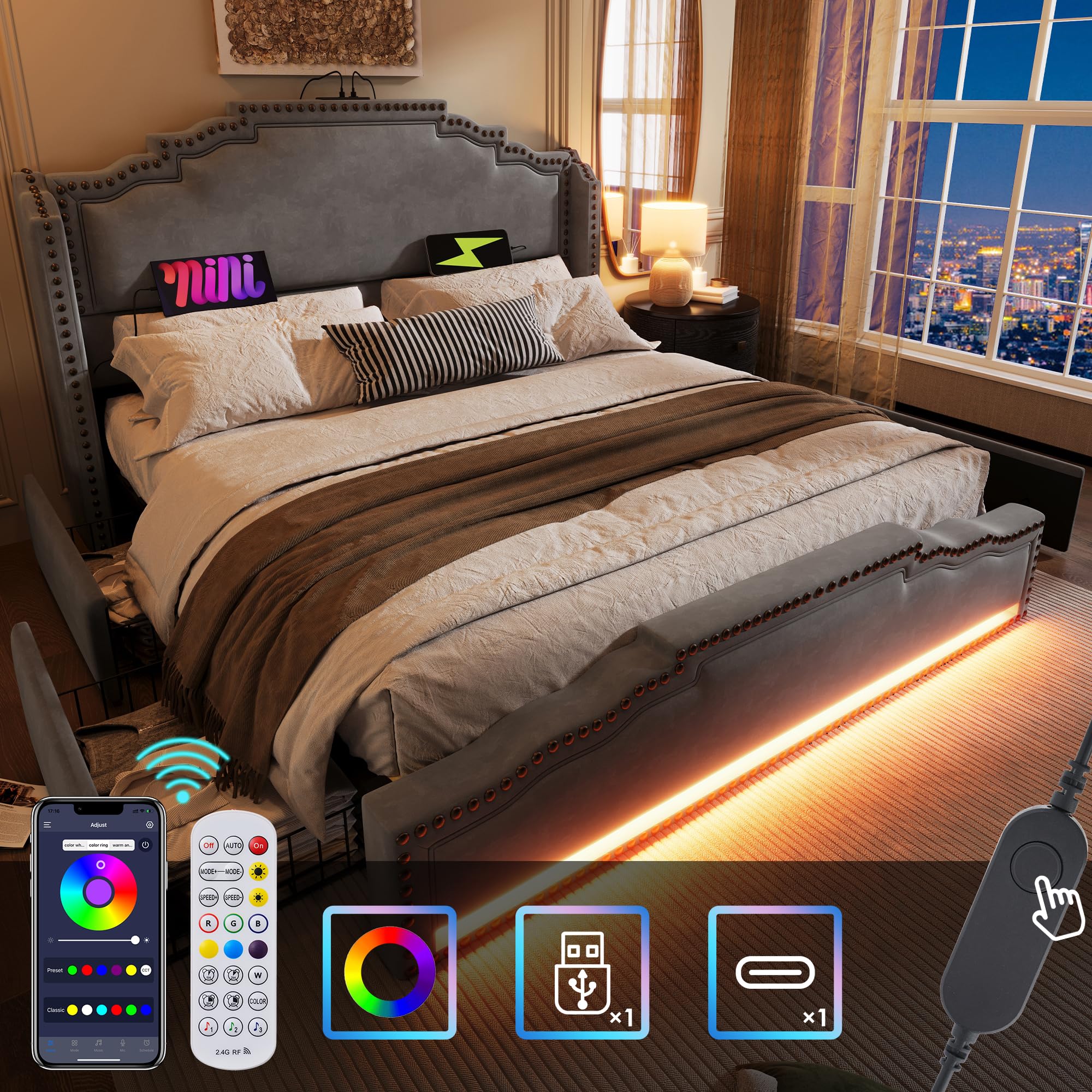 Rtopsu Letto Matrimoniale 180x200 cm con Luce LED e USB-C, Letti Matrimoniali con 4 Contenitore Cassetti e Testata, Letti con Rete a Doghe e Telaio in Metallo, Grigio, Velluto, Senza Materasso
