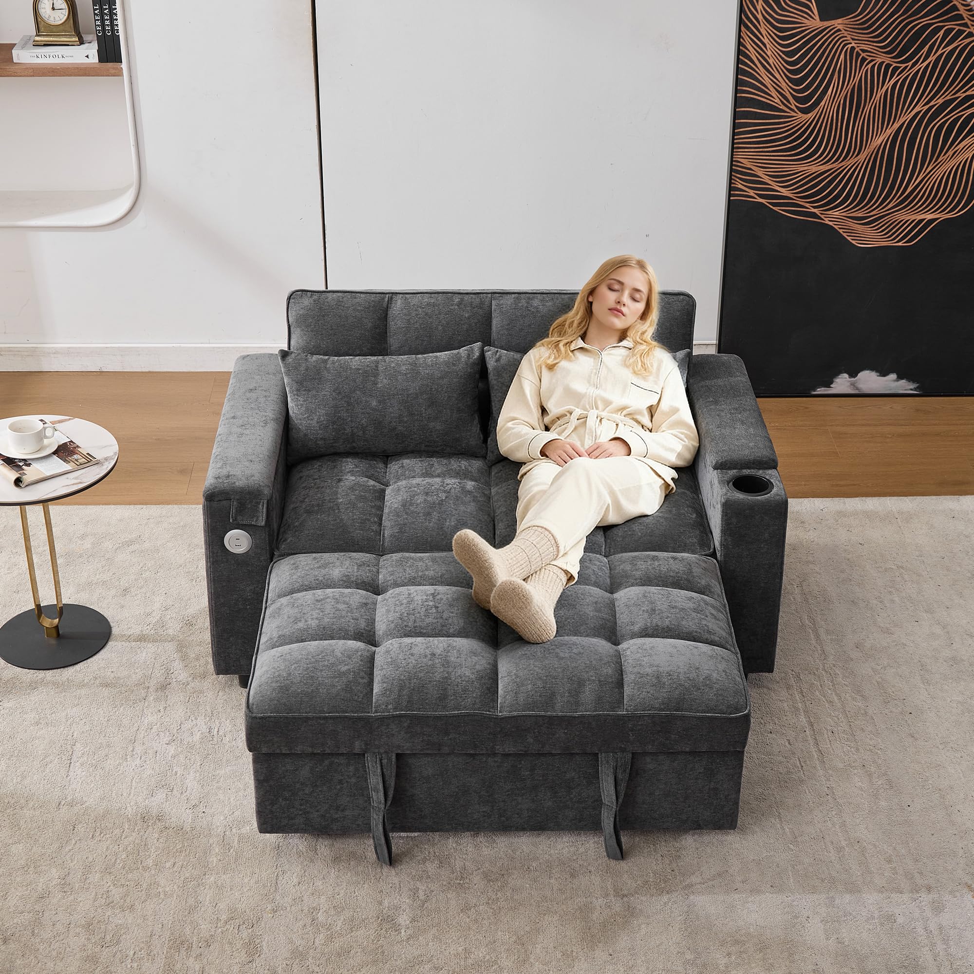 Divano Letto con Porta USB e Type-C, Tavolino Laterale, Bracciolo Portaoggetti, Divano a 2 Posti con Schienale Regolabili, Allungabile divano Lounge Grigio 140,5 x 74 x 82 cm