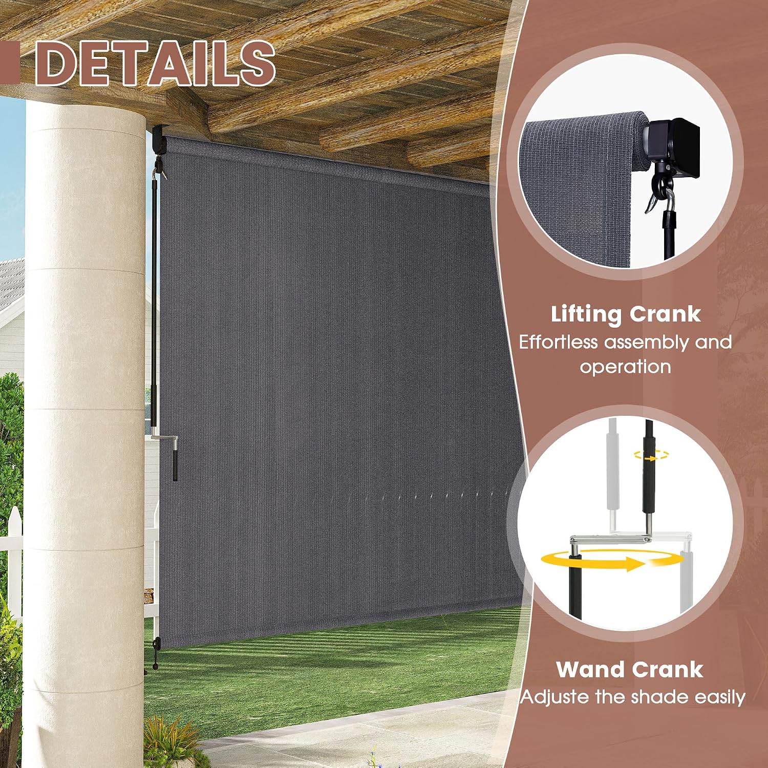 Outdoor Roller Shade 120" W X 96" H with Spliced Design, Patio Cordless Roller Blind, Exterior Roll Up Blind Shade for Gazebo, Yard, Deck and Porch, Grey