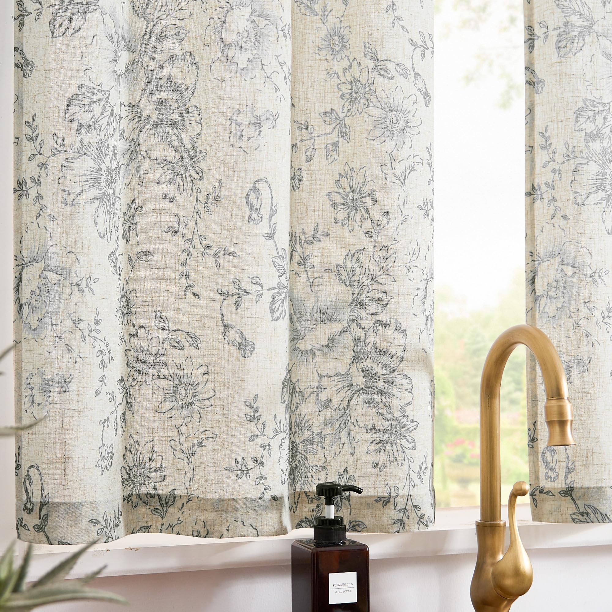 TOPICK Linen Blend Grey Floral Kitchen Curtains 24 Inch Drop Small Cafe Curtains Light Filtering Short Curtain Tiers for Bathroom Sink Rod Pocket 2 Panels - Image 3