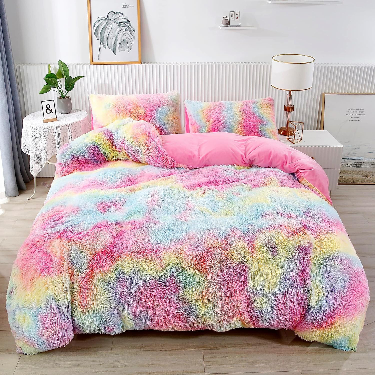 RYNGHIPY 3Pcs Ultra Soft Long Hair Plush Shaggy Duvet Cover with Pillowcases, Colorful Tie Dye Fluffy Velvet Bedding Set with Hidden Zipper Closure (
