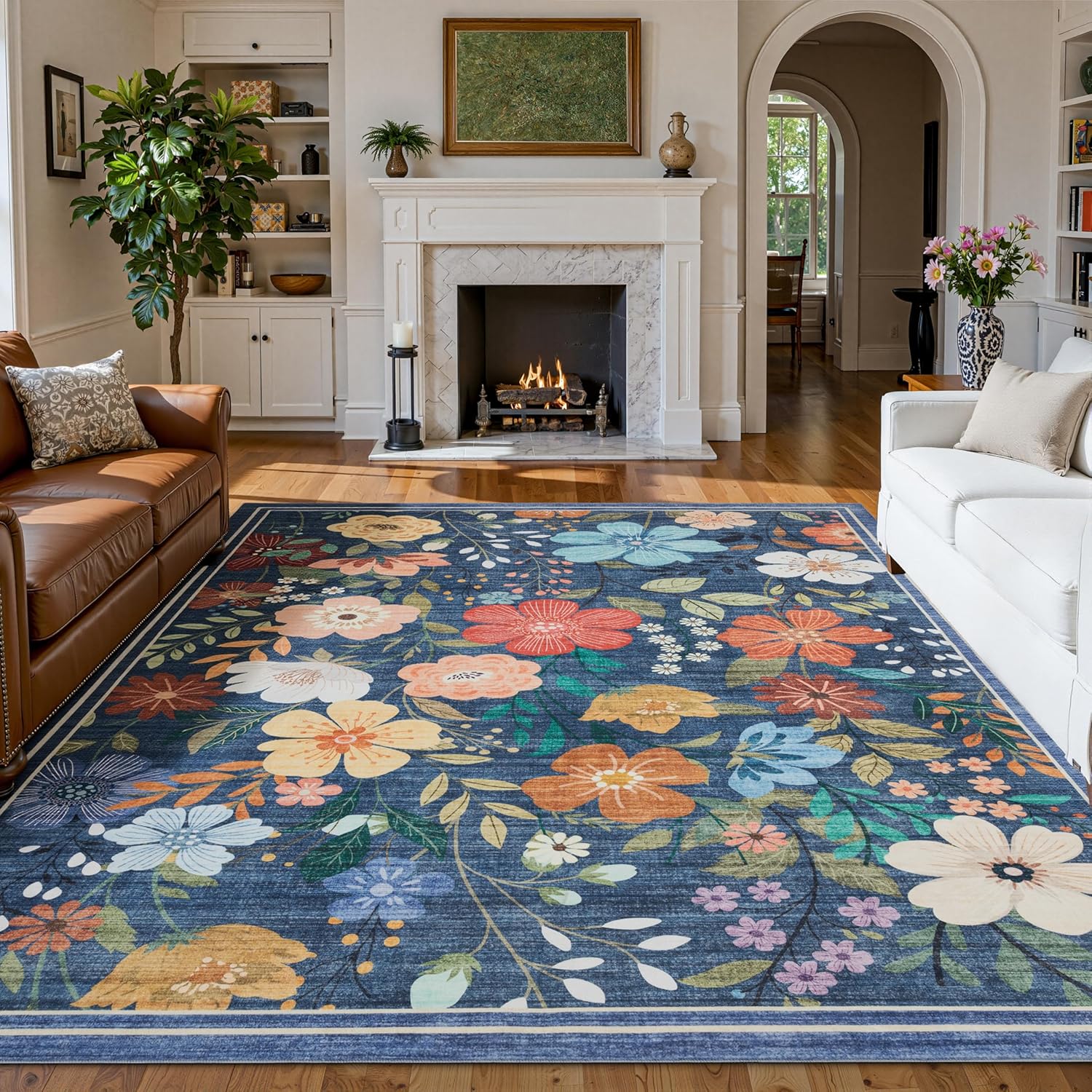 Area Rugs Floral, Non-Slip Machine Washable Wear-Resistant, Ultra Soft for Living Room/Bedroom/Kitchen/Classroom Flower Blue, 8'×10'