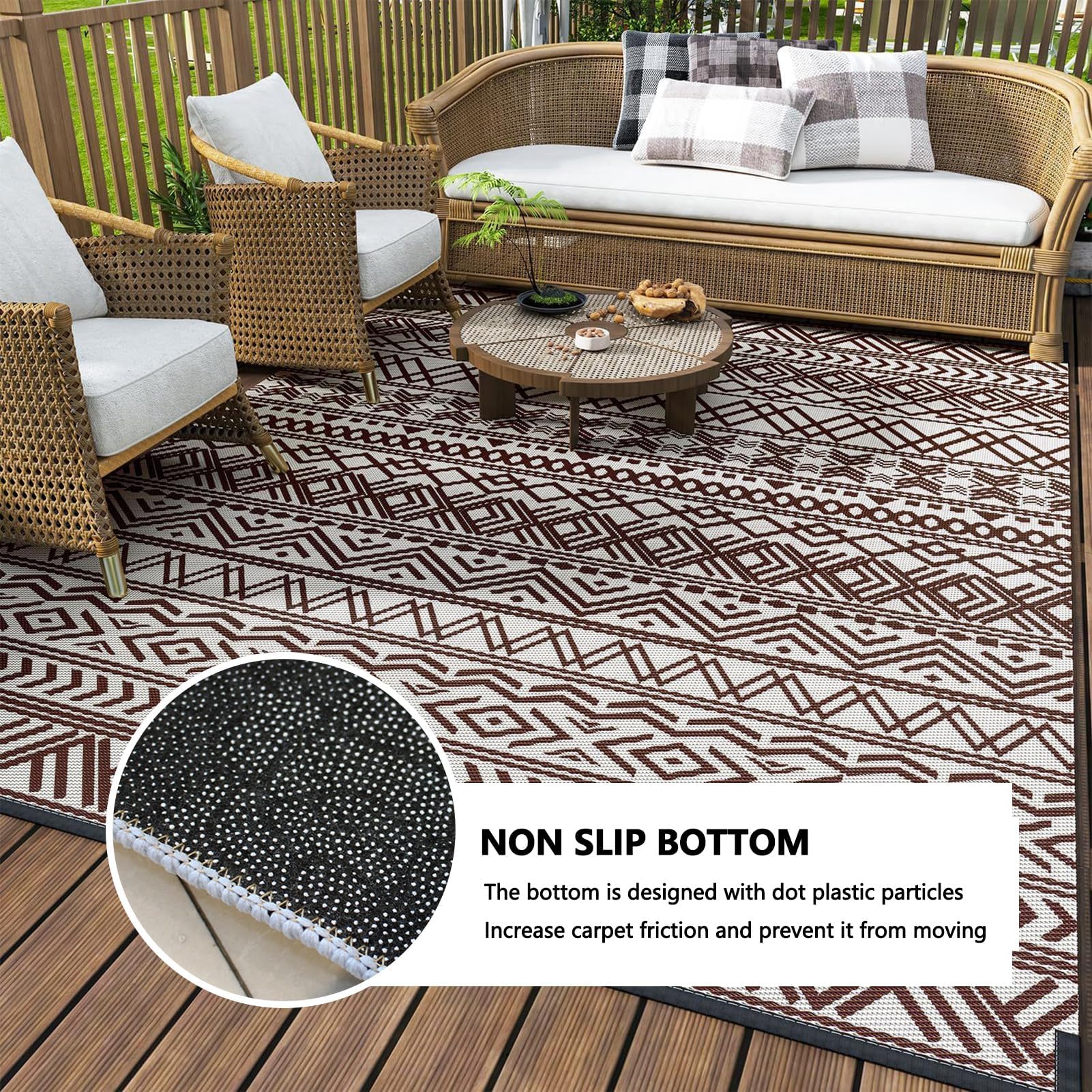 GAOXIAO Tapis D'extérieur Imperméable et Réversible, Tapis de Jardin Bohème Résistant aux UV Pluie pour Terrasse Balcon Salon Plage Camping Pique-Nique Lavable Coffee 200 * 300cm