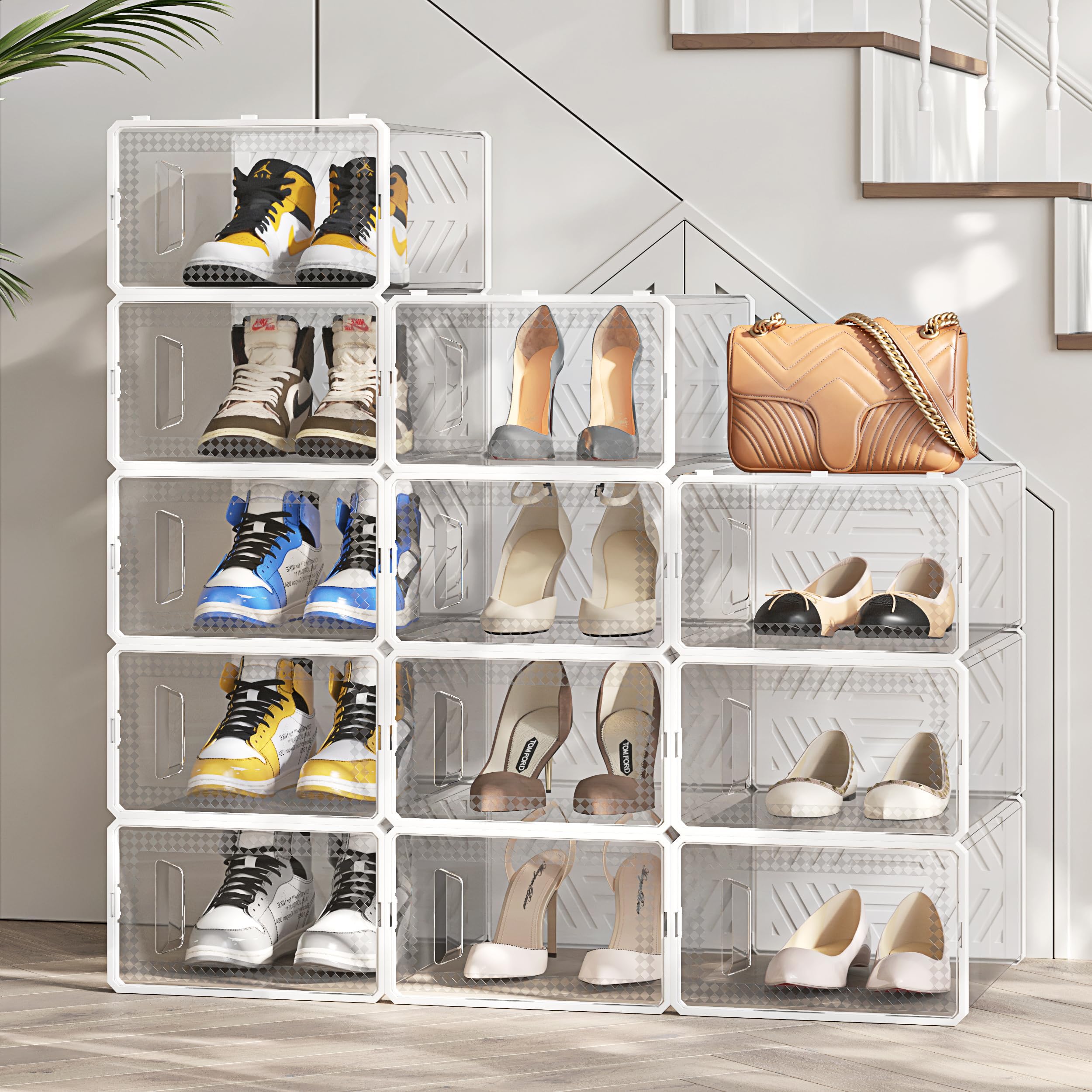 TEmkin Scatole Porta Scarpe Trasparenti Impilabili Da 12 Pezzi Organizer Per Scarpe in Plastica Rigida Contenitori Pieghevoli, Traspiranti E Versatili,002