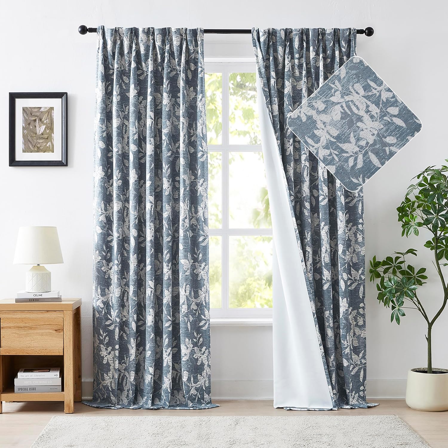 Randall 90% Blackout Faux Linen Farmhouse Blue Floral Print Pattern Curtain 90 Inch Long Thermal Insulated Back Tab Rod Pocket Drape for Living Room Bedroom Country Vintage 2 Panels Set Blue on Beige