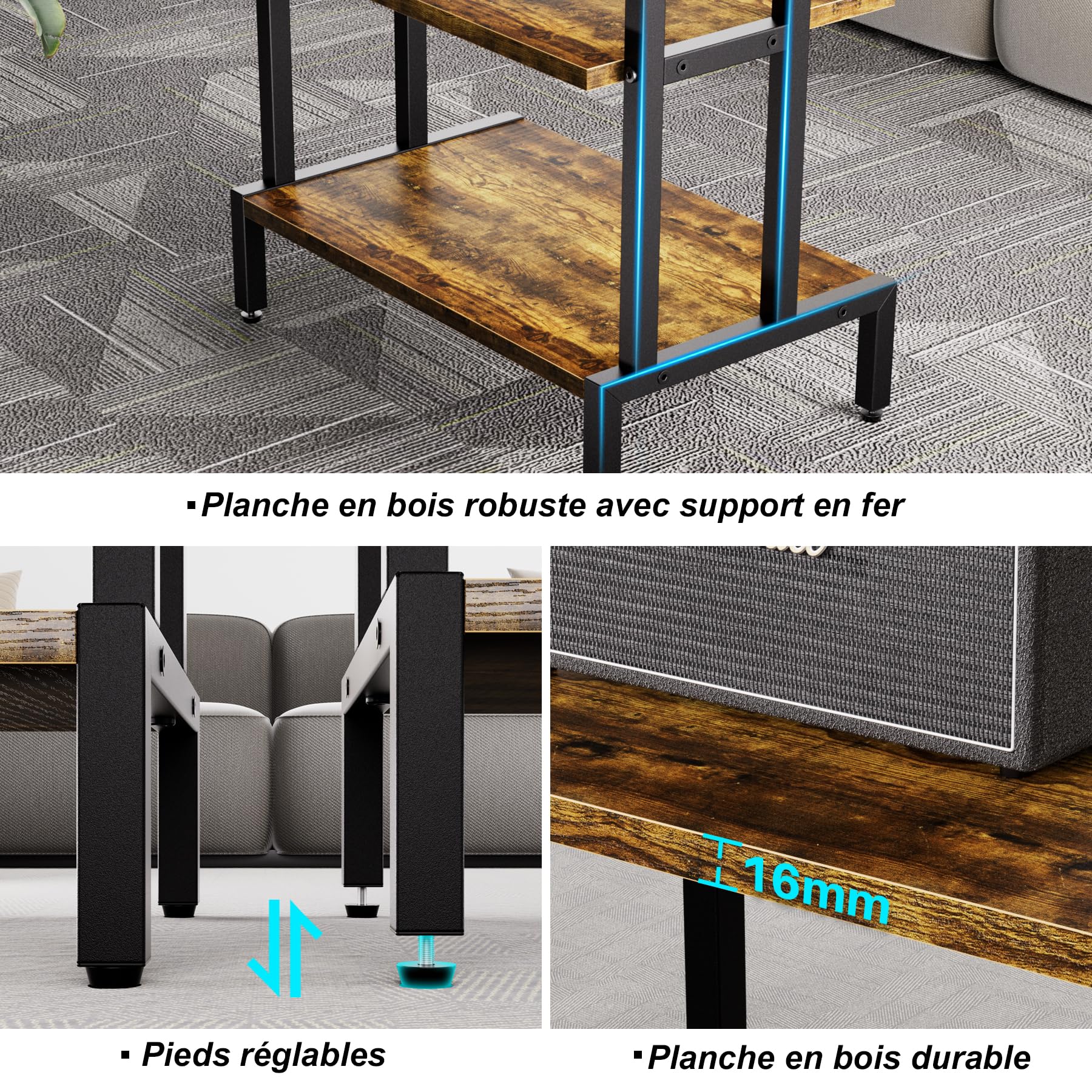Aquzee Meuble HiFi Bois, Meuble Jeux Vidéo, Petite Table, Table d Appoint Canapé à 4 Etagères, Petits Espaces Étagère de Rangement pour Équipement Audio, 28P x 45L x 77H cm
