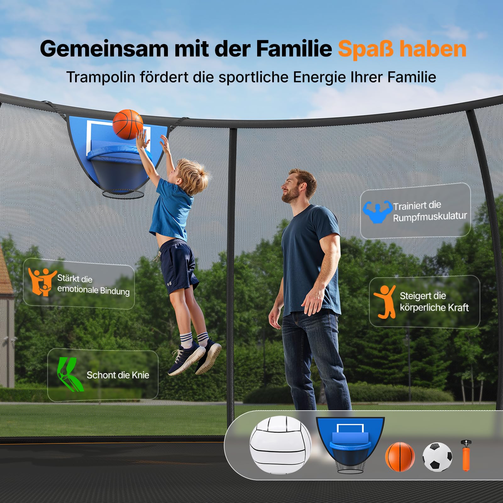 MERACH Trampolin Outdoor 305cm/366cm/427cm/488cm, Trampolin Sicherheitsnetz und Basketball, MaxLoad 150KG Bodentrampolin Outdoor Gartentrampolin