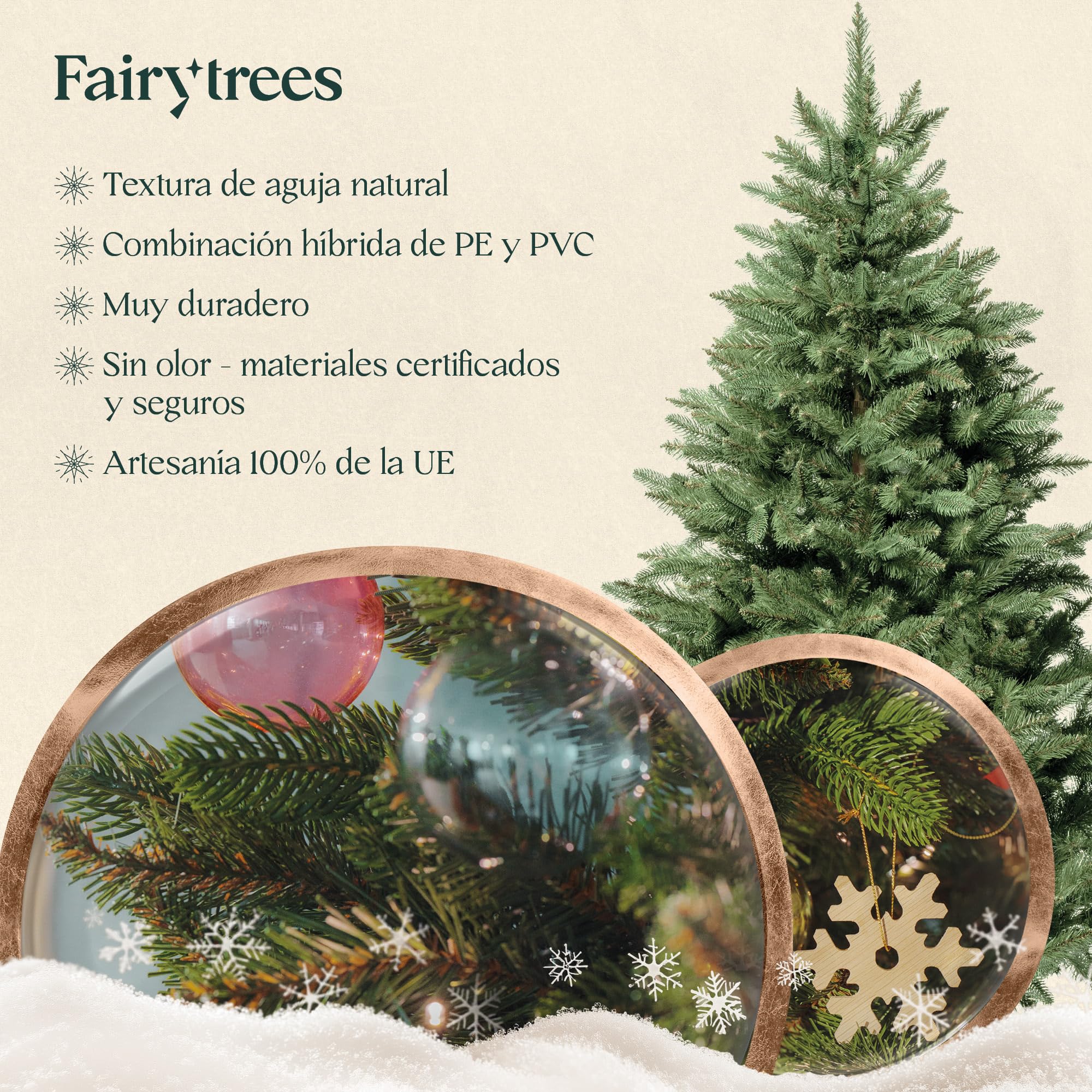 FAIRYTREES Árbol de Navidad, Nordmann Premium 180cm, Hecho en la UE, Árbol Artificial Navideño, Árbol de Navidad con Mezcla de Dos Materiales, Árbol con Soporte de Madera de