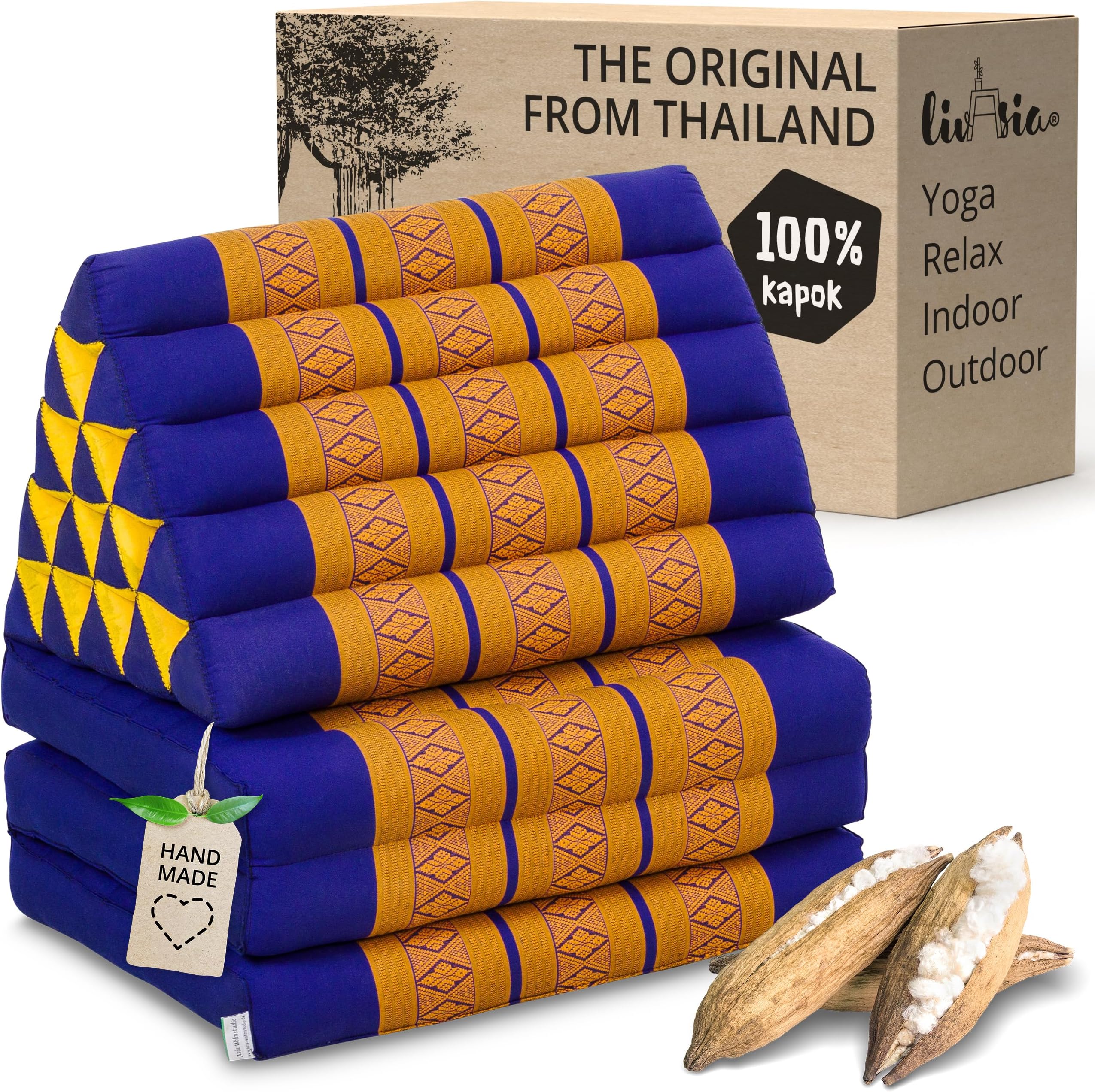 livasia Thai cushion with 3 seat rests - 73x22x3.1″ - extra high, Triangle cushion with folding mattress, Kapok, Jumbo back support cushion, Thai mat, folding, Hand made (Blue/Yellow)