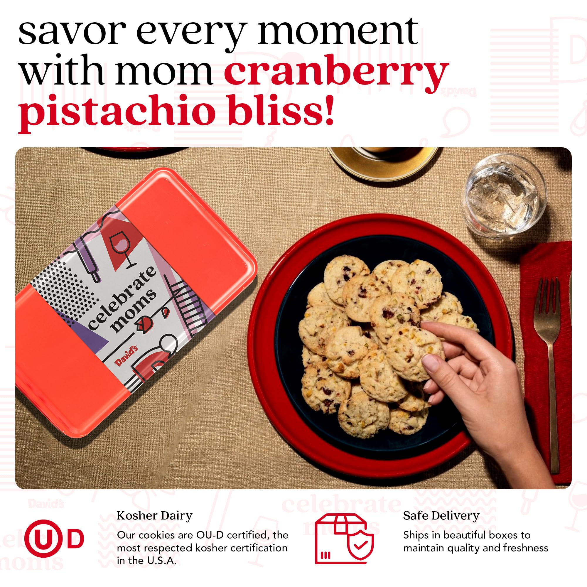 David's Cookies Celebrate Moms Cranberry-Pistazien-Beksdose – unwiderstehliche Crunch, Snacks und Bäckerei-Leckereien – ideal für Snacks und als Geschenk – Gourmet-Muttertagsgeschenk, 264 ml