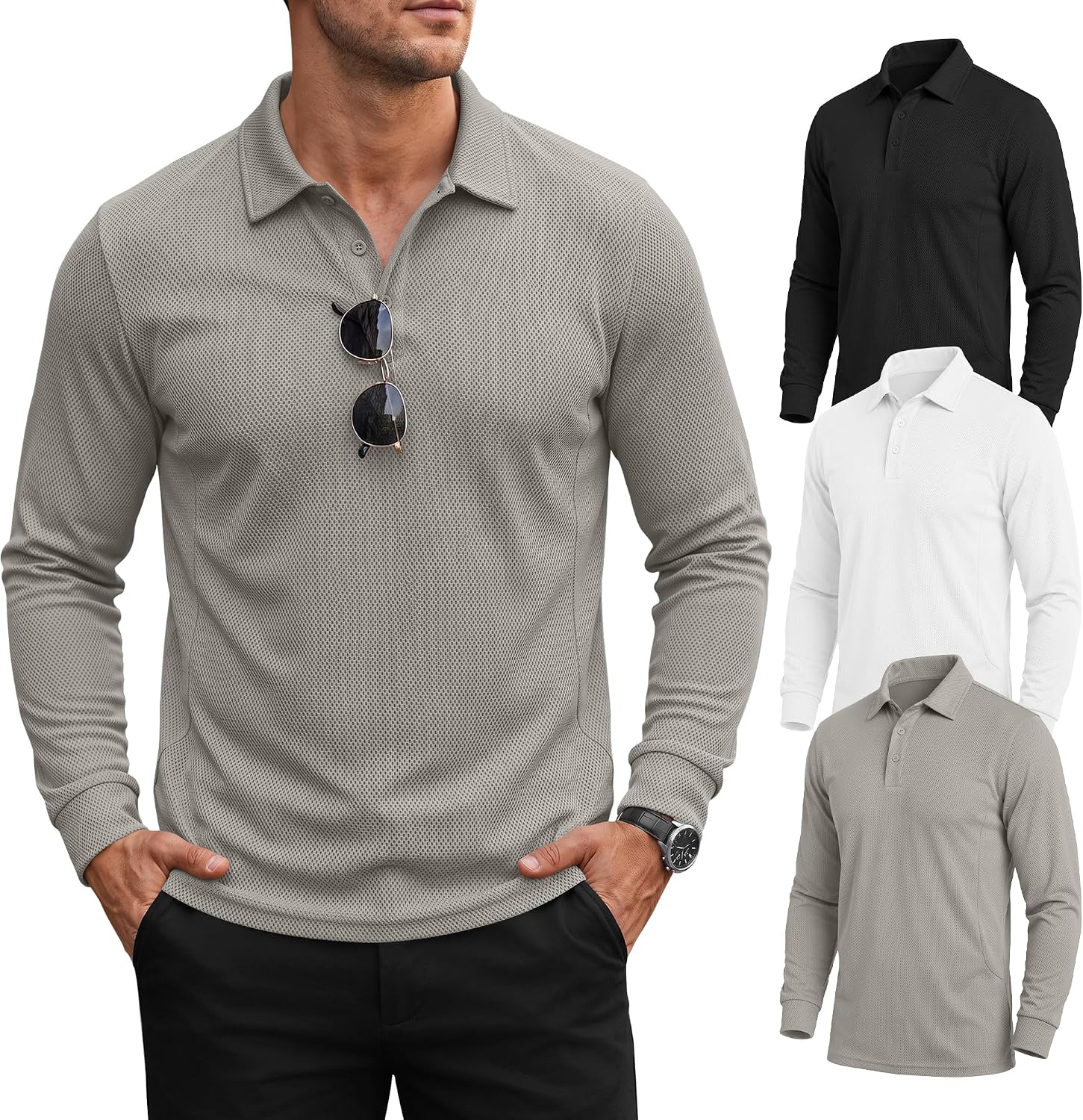 Neer 3 Pack Mens Long Sleeve Golf Shirts Polo Tops