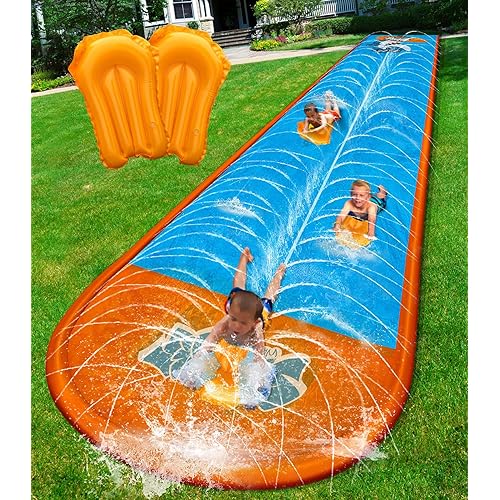Spring Water Slip and Water Slide, 32ft *2 Lanes Slip Water Slides for Kids Backyards Ages 5-8 8-12 with Sprinkler and Inflatable Bodyboards, Summer Water Fun Toy for Outdoor Lawn Games Play