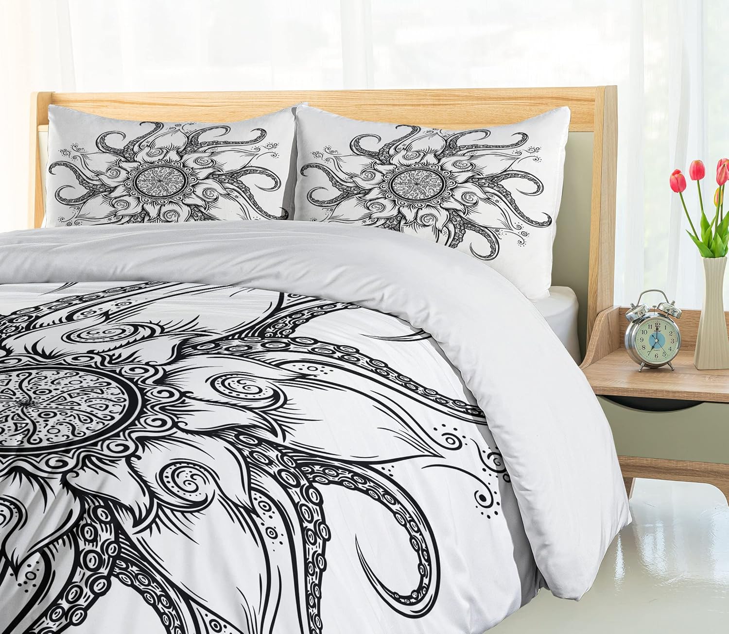 Ambesonne Octopus Duvet Cover Set, Sea Mandala Floral Ocean Animal with Tribal Leaves Hand Drawn Art, Decorative 3 Piece Bedding Set with 2 Pillow Shams, Queen Size, Black King Black