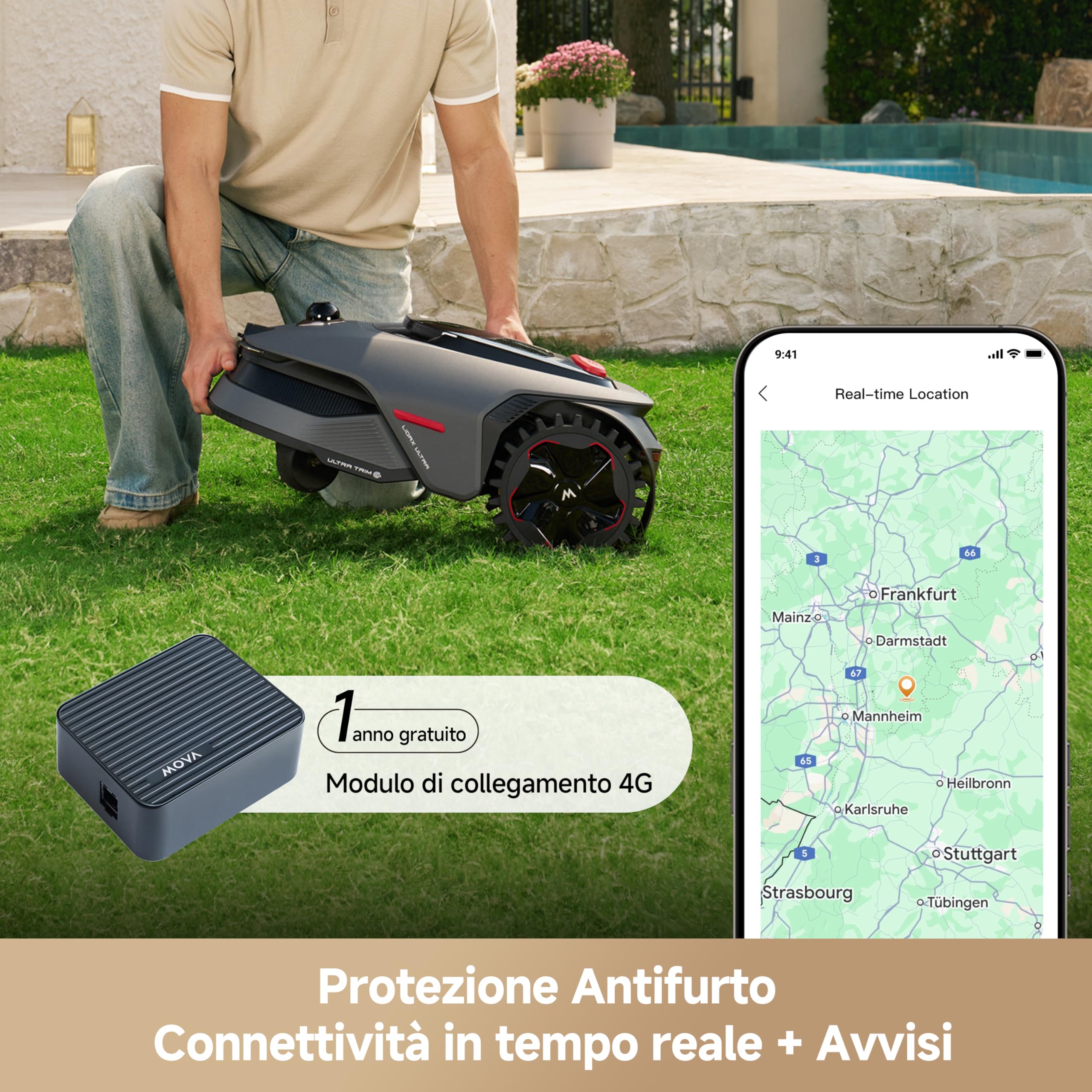 MOVA LiDAX Ultra 1600 Robot cortacésped Módulo 4G, sinRTK,mapeo automático con LiDAR 3D de 360°y visión con IA,Corta a Menos de 5cm de los Bordes, en terrenos complejos rutas eficientes en Forma de U