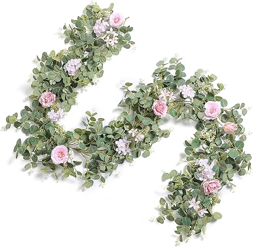 Serra Flora Guirnalda de eucalipto de flores artificiales de 6 pies con rosas y flores guirnalda de vegetación para colgar en bodas fiestas arcos