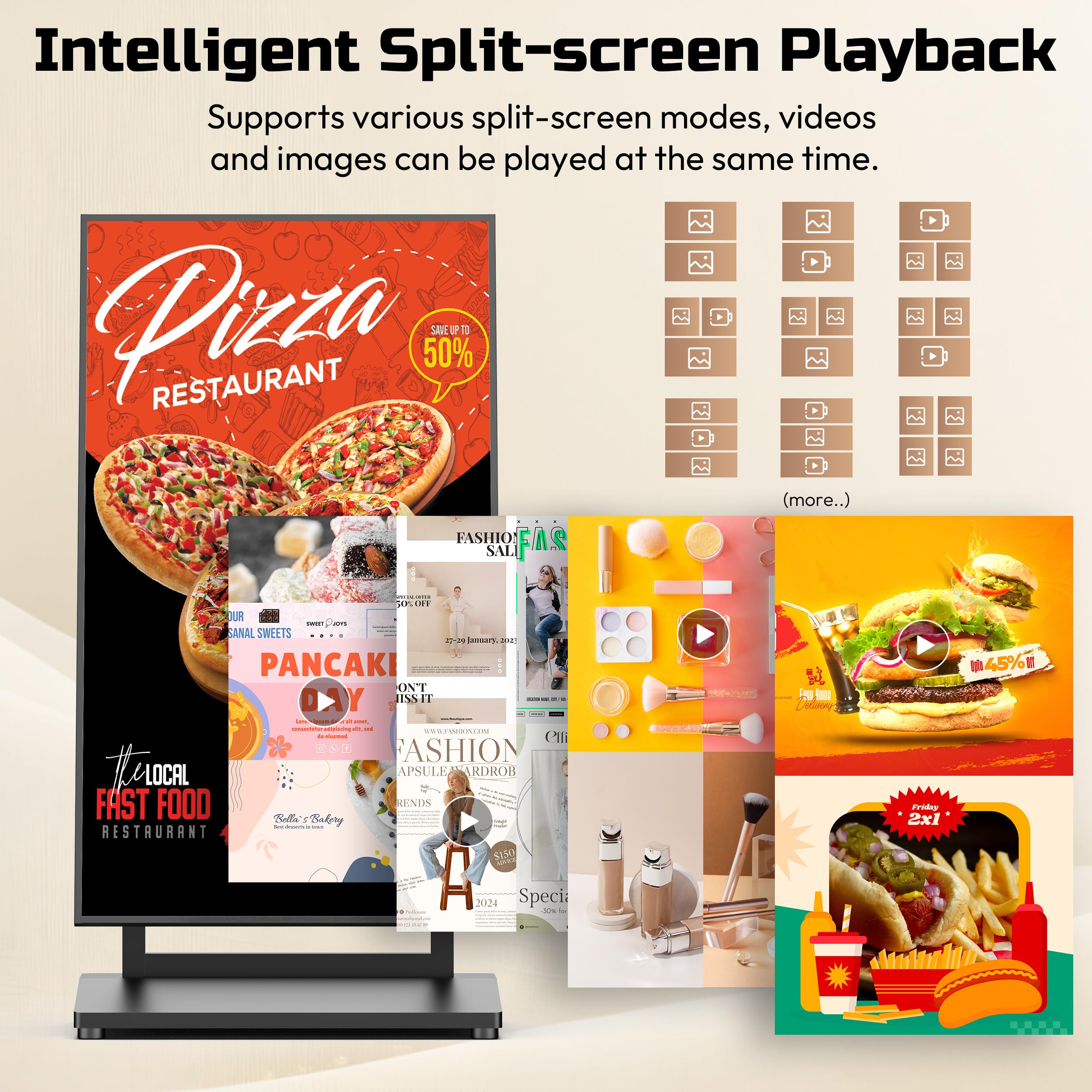 43 Zoll Digitaler Kundenstopper, 800 nits Digital Signage Display Kiosk LCD, Android 14, 4+64GB, App/Cloud/CMS Control, Ethernet/USB/HDMI/WiFi, für Food Trucks, Restaurants, 1 Stück