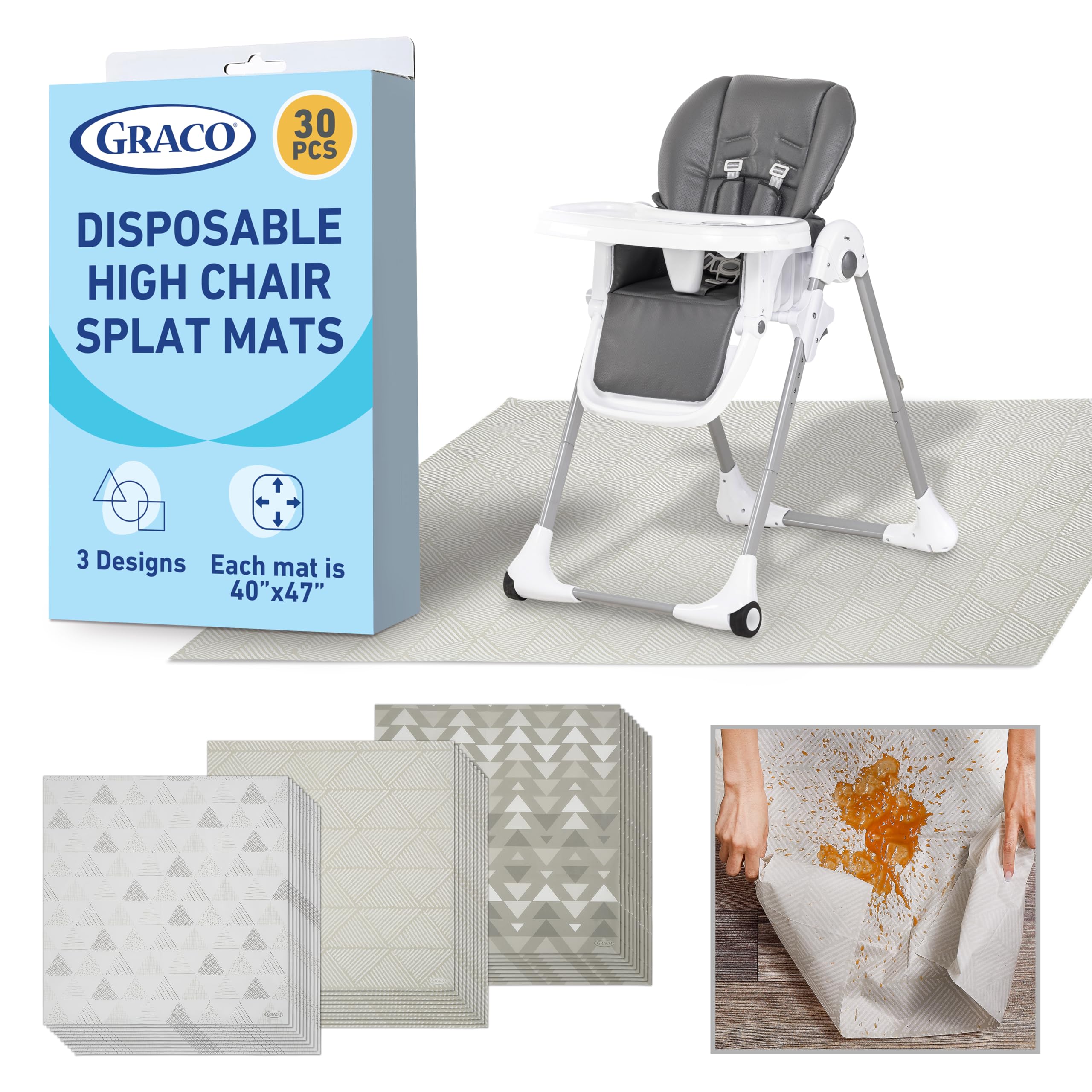 Graco Baby Disposable Splat Mats, 30 Sheets with Assorted Designs, 47" x 40", Eco-Friendly Floor Protector for Mealtime, Home &amp; Restaurant Use