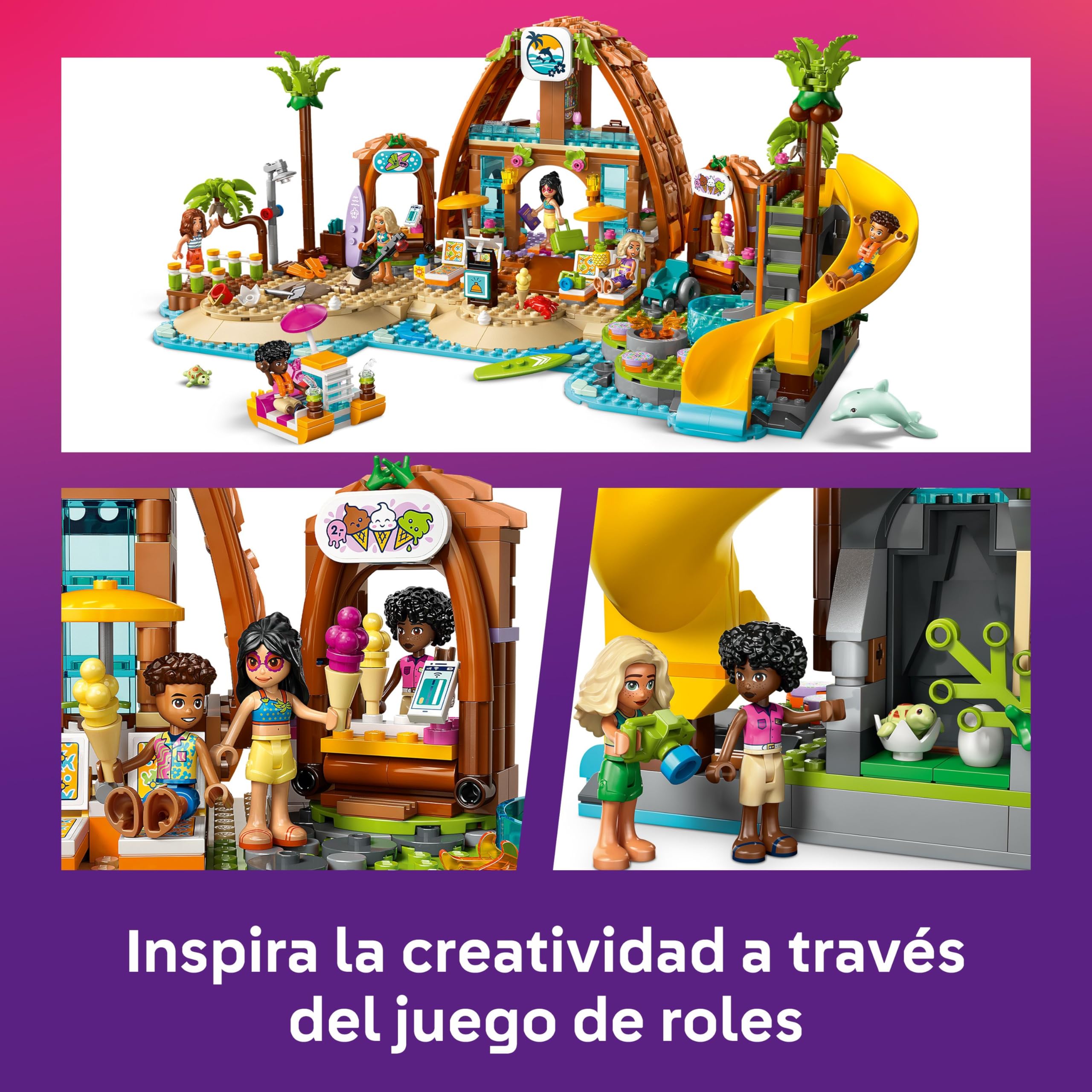 LEGO Friends Hotel de Vacaciones Familiares en la Playa - Juguete con 6 Mini Muñecas, Figuras de Animales (Tortuga y Delfín), Heladería y Accesorios - Regalo para Niñas de 8+ Años 42673