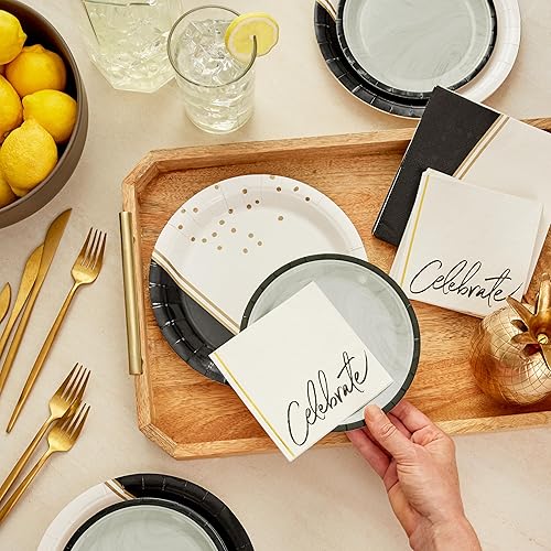 Hallmark Suministros de fiesta negros y dorados (16 platos redondos, 16 platos redondos de postre, 16 servilletas de bebidas, 16 servilletas de
