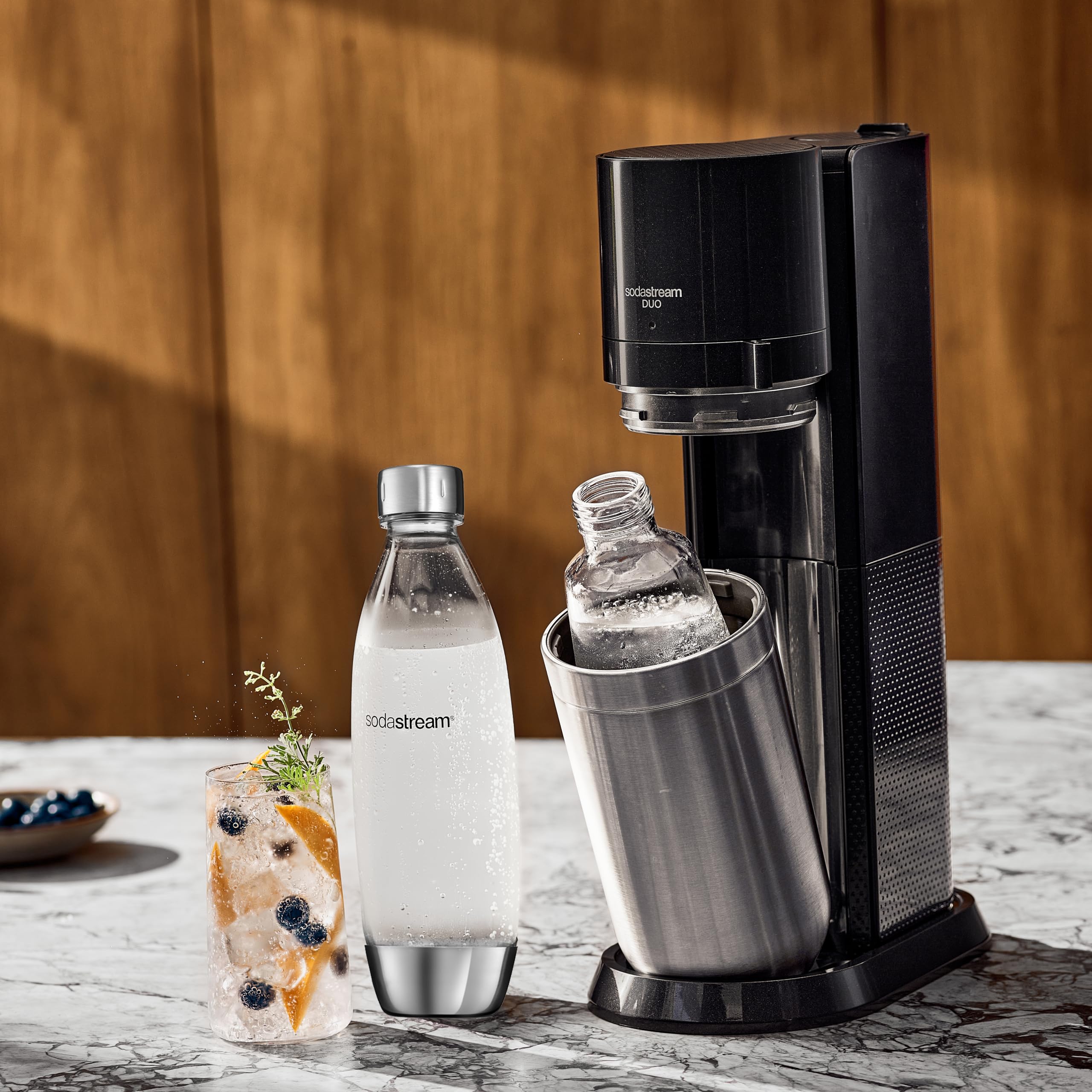 Sodastream Duo - Máquina de agua con gas y soda para jarra de cristal | Pack 1 jarra de cristal 1L + 1 botella 1L acabado acero inoxidable lavavajillas + 1 recarga de gas de 60 L para Clipser, color