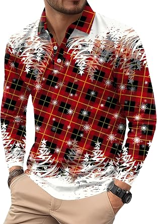 Mens Long Sleeve Polo Shirts Print Casual Vintage Classic Golf Shirt S-XXL