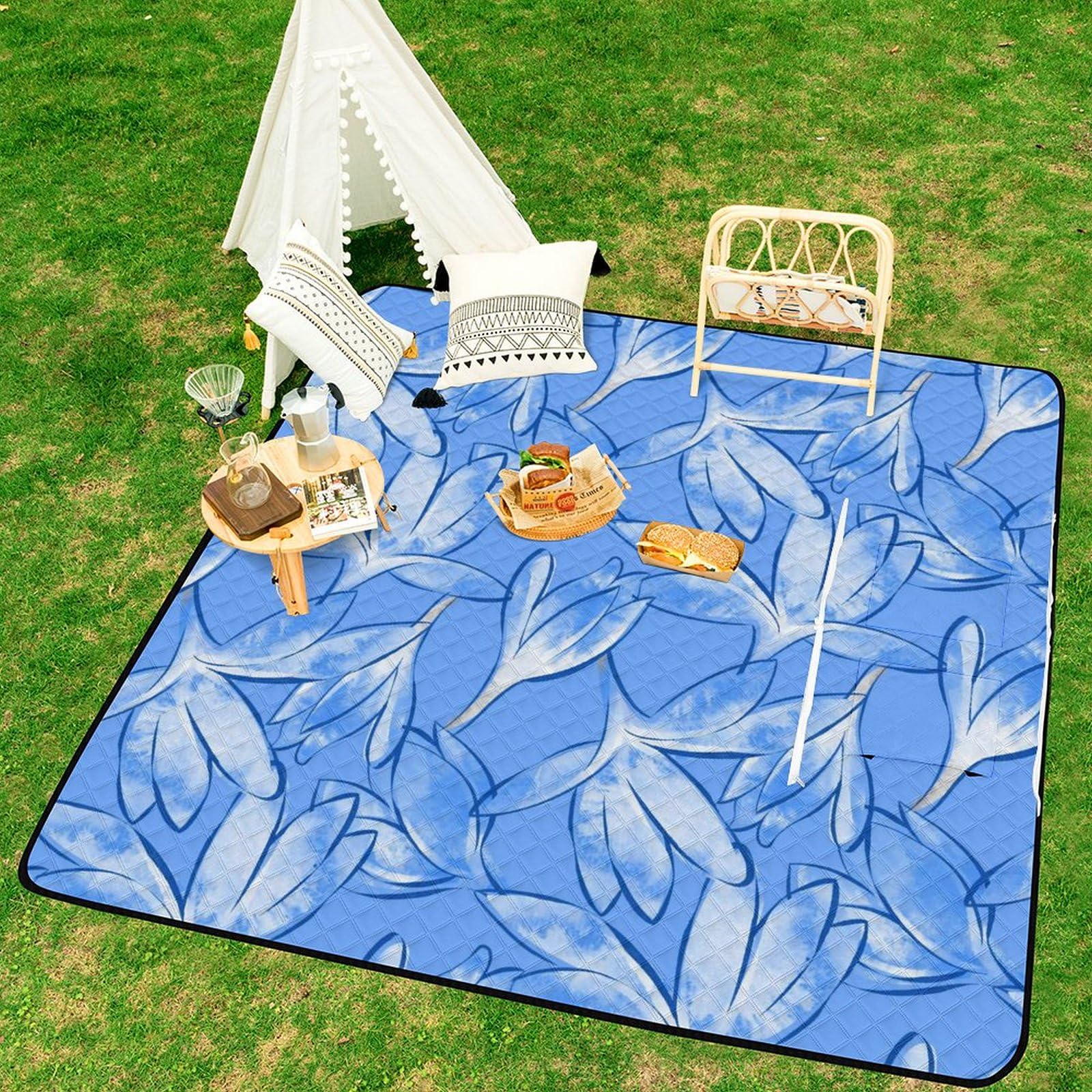 Watercolor Fleurs Blue Couverture Pique Nique Tapis De Plage Anti Sable Matelas De Plage Tapis Picnic pour Camping, Parc, Jardin 200x200cm
