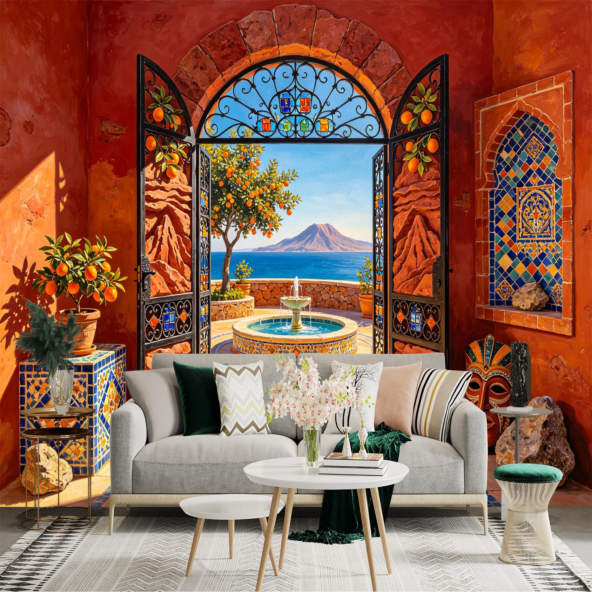 Custom Size Wall Sticker Mural， Mediterranean Courtyard， Ocean View， Orange Tree， Mosaic Fountain， for wall Decoration， peelandstick wall Decals.
