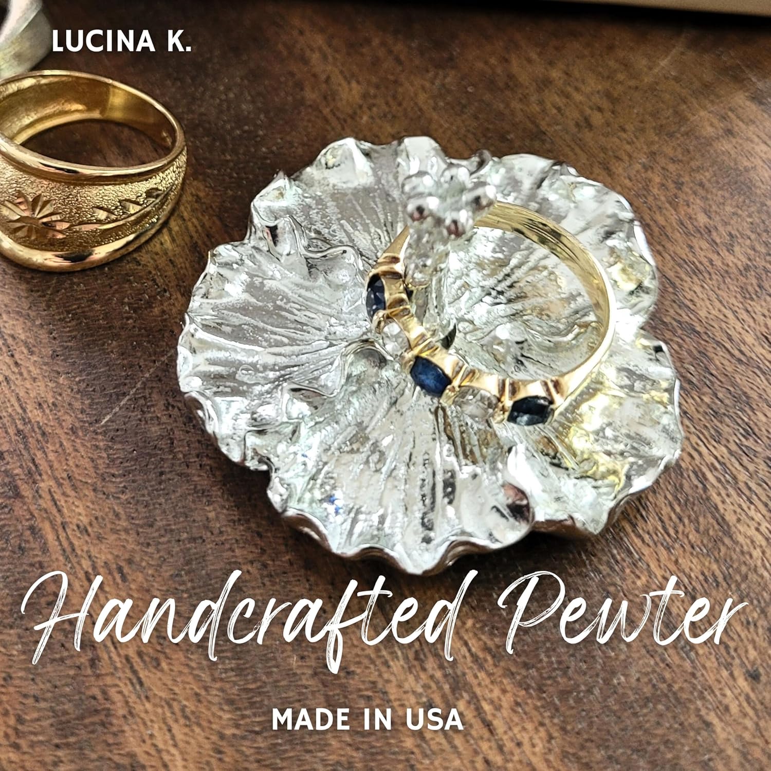 Hibiscus Flower Ring Holder - Tiny Ring Stand Gift Boxed Friendship Story Card -Handcrafted Pewter Made in USA (Shipped from Artist Studio)