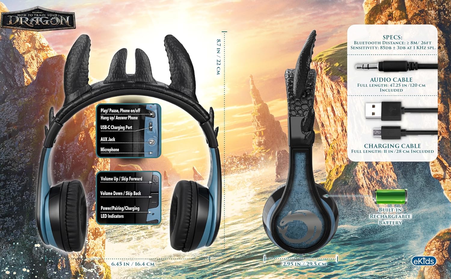EKIDS - How to Train Your Dragon Bluetooth Headphones for Kids, Wireless Headphones