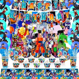 Anime Dragon Z birthday party supplies, anime birthday decorations including birthday banners, balloons, paper cups, table covers, plates, knives, forks, spoons and straws.