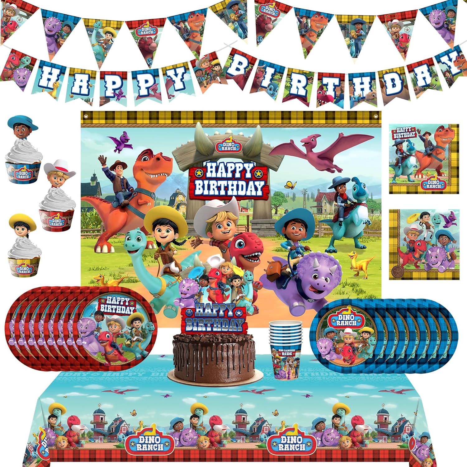 Treasures Gifted Dino Ranch Birthday Decorations - Serves 24 Guests - Ultimate Set of Dino Ranch Party Supplies - Dinnerware, Banners, Cake Toppers, & Backdrop