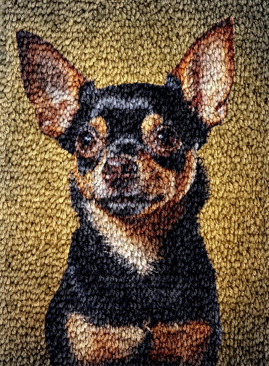 Little Black Chihuahua Dog Latch Hook Rug Kit for Adults DIY Carpet Cushion with Printed Canvas Crochet Yarn Craft Hook and Latch Tapestry for Home Decor Pets Warm Pads 52x38cm